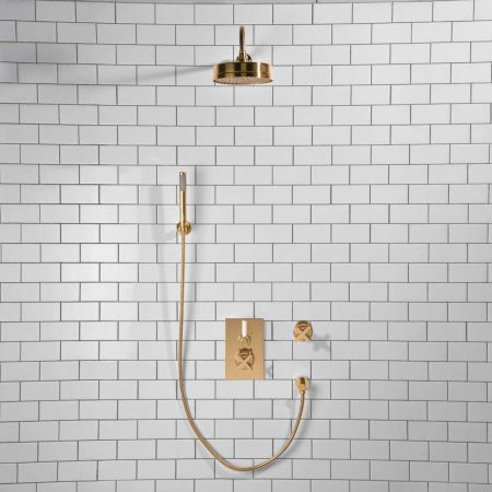 Elbe - Concealed Shower Set + Diverter - Hook Mount - White Lever/X-Top - 8" Rose - Polished Brass