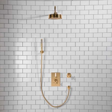 Elbe - Concealed Shower Set + Diverter - Hook Mount - White Lever/X-Top - 8" Rose - Polished Brass