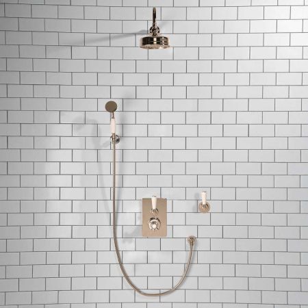 Calder Concealed Shower Valve Kit with Diverter and Hook Mount And 6" Rose White Lever Polished Nickel