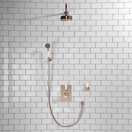 Calder Concealed Shower Valve Kit with Diverter and Hook Mount And 6" Rose White Lever Polished Nickel
