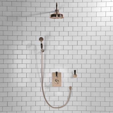 Calder Concealed Shower Valve Kit 8" Rose with Diverter and Hook Mount Black Lever Polished Nickel