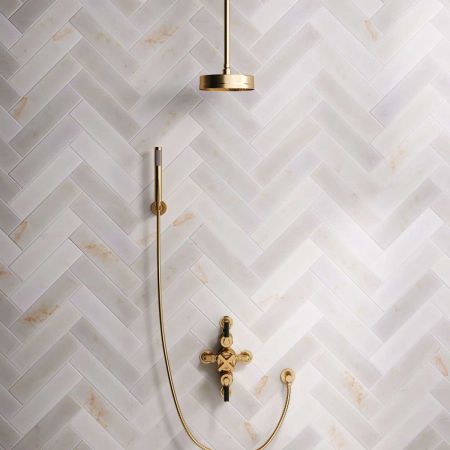 Elbe Dual Outlet Shower Kit - Semi-Exposed Valve - Black Ceramic Lever - Handshower Hook - Ceiling Mounted Rose - Brushed Brass