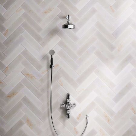 Calder Dual Outlet Shower Kit - Semi-Exposed Valve - 6 inch Rose - Black Ceramic Lever - Handshower Hook - Chrome Finish