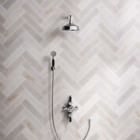 Calder Dual Outlet Shower Kit - Semi-Exposed Valve - 8 inch Rose - Black Ceramic Lever - Handshower Hook - Chrome Finish