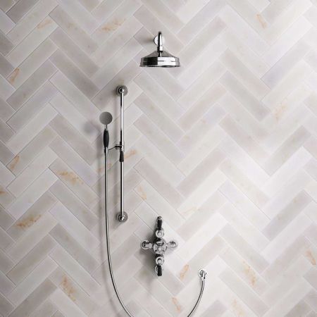 Calder Dual Outlet Shower Kit - Semi-Exposed Valve - 8 inch Rose - Black Ceramic Lever - Handshower Slider-Rail - Chrome Finish