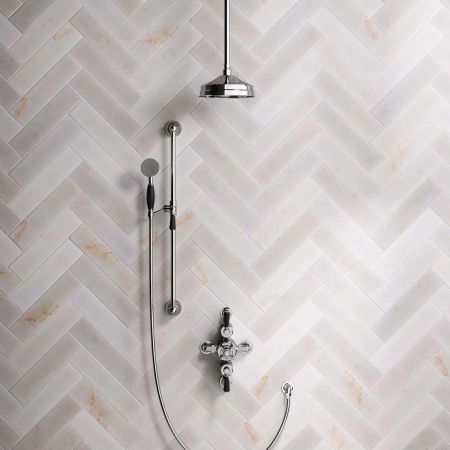 Calder Dual Outlet Shower Kit - Semi-Exposed Valve - 8 inch Rose - Black Ceramic Lever - Handshower Slider-Rail - Ceiling Mounted Rose - Chrome Finish