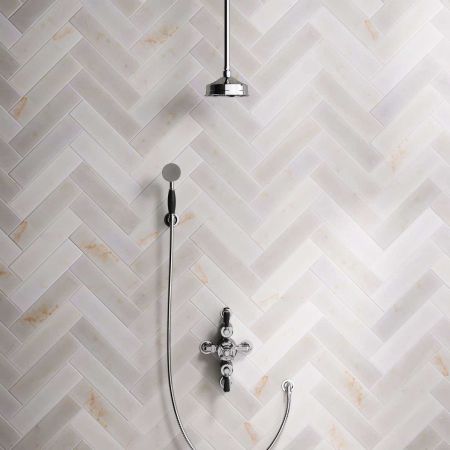 Calder Dual Outlet Shower Kit - Semi-Exposed Valve - 6 inch Rose - Black Ceramic Lever - Handshower Hook - Ceiling Mounted Rose - Chrome Finish