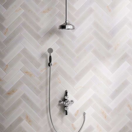 Calder Dual Outlet Shower Kit - Semi-Exposed Valve - 8 inch Rose - Black Ceramic Lever - Handshower Hook - Ceiling Mounted Rose - Chrome Finish