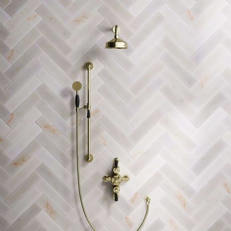 Calder Dual Outlet Shower Kit - Semi-Exposed Valve - 6 inch Rose - Black Ceramic Lever - Handshower Slider-Rail - Gold