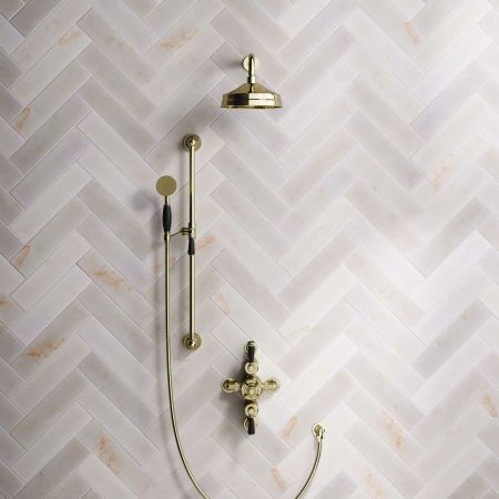 Calder Dual Outlet Shower Kit - Semi-Exposed Valve - 8 inch Rose - Black Ceramic Lever - Handshower Slider-Rail - Gold