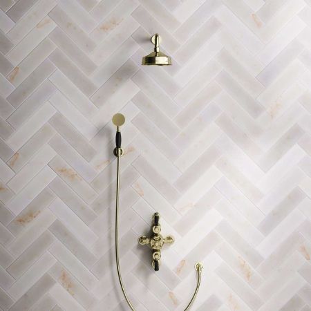 Calder Dual Outlet Shower Kit - Semi-Exposed Valve - 6 inch Rose - Black Ceramic Lever - Handshower Hook - Gold