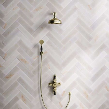 Calder Dual Outlet Shower Kit - Semi-Exposed Valve - 8 inch Rose - Black Ceramic Lever - Handshower Hook - Gold