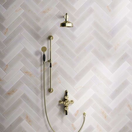 Calder Dual Outlet Shower Kit - Semi-Exposed Valve - 6 inch Rose - 500mm Shower Arm - Black Ceramic Lever - Handshower Slider-Rail - Gold