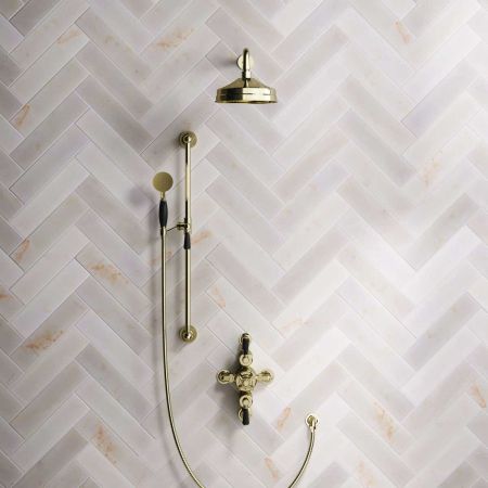 Calder Dual Outlet Shower Kit - Semi-Exposed Valve - 8 inch Rose - 500mm Shower Arm - Black Ceramic Lever - Handshower Slider-Rail - Gold