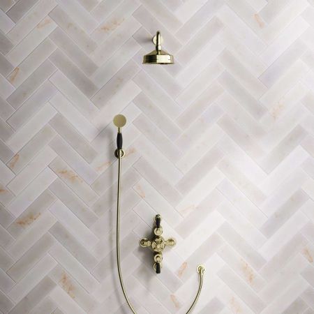 Calder Dual Outlet Shower Kit - Semi-Exposed Valve - 6 inch Rose - 500mm Shower Arm - Black Ceramic Lever - Handshower Hook - Gold