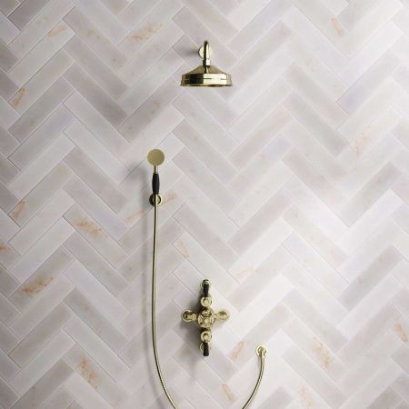 Calder Dual Outlet Shower Kit - Semi-Exposed Valve - 8 inch Rose - 500mm Shower Arm - Black Ceramic Lever - Handshower Hook - Gold