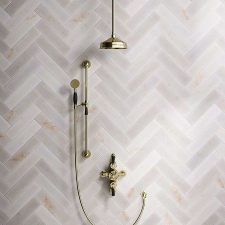 Calder Dual Outlet Shower Kit - Semi-Exposed Valve - 8 inch Rose - Black Ceramic Lever - Handshower Slider-Rail - Ceiling Mounted Rose - Gold