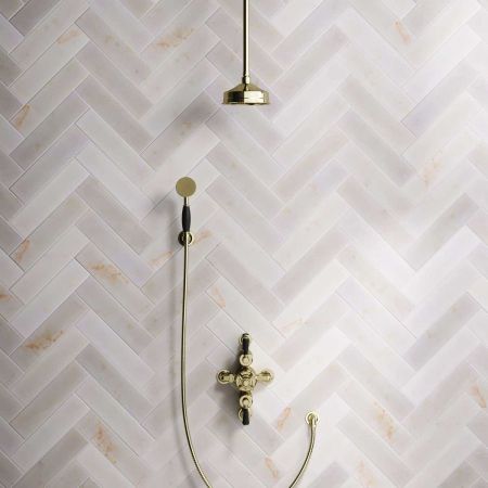 Calder Dual Outlet Shower Kit - Semi-Exposed Valve - 6 inch Rose - Black Ceramic Lever - Handshower Hook - Ceiling Mounted Rose - Gold