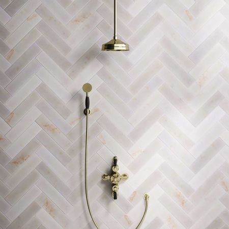 Calder Dual Outlet Shower Kit - Semi-Exposed Valve - 8 inch Rose - Black Ceramic Lever - Handshower Hook - Ceiling Mounted Rose - Gold