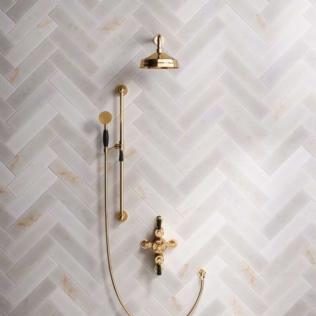 Calder Dual Outlet Shower Kit - Semi-Exposed Valve - 8 inch Rose - Black Ceramic Lever - Handshower Slider-Rail - Polished Brass