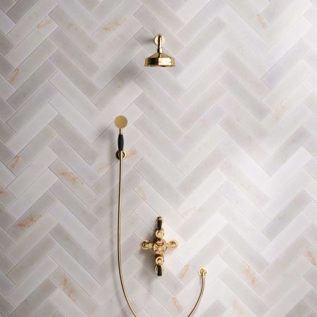 Calder Dual Outlet Shower Kit - Semi-Exposed Valve - 6 inch Rose - Black Ceramic Lever - Handshower Hook - Polished Brass