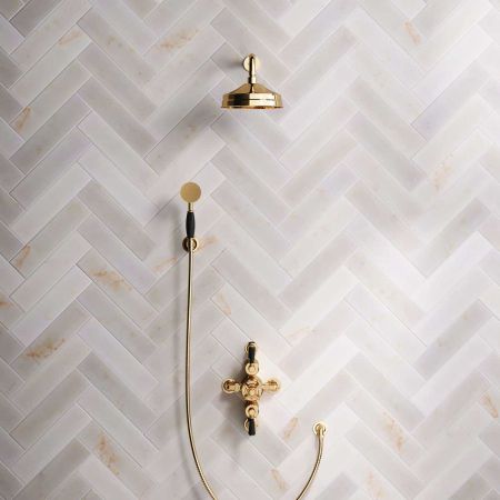 Calder Dual Outlet Shower Kit - Semi-Exposed Valve - 8 inch Rose - Black Ceramic Lever - Handshower Hook - Polished Brass