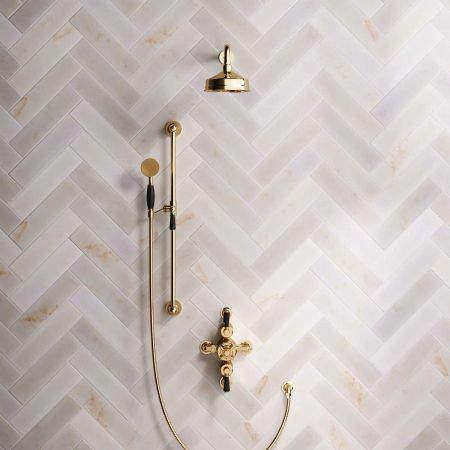 Calder Dual Outlet Shower Kit - Semi-Exposed Valve - 6 inch Rose - Black Ceramic Lever - Handshower Slider-Rail - Polished Brass