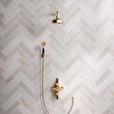 Calder Dual Outlet Shower Kit - Semi-Exposed Valve - 6 inch Rose - Black Ceramic Lever - Handshower Hook - Polished Brass