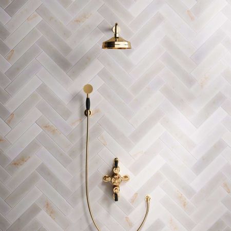 Calder Dual Outlet Shower Kit - Semi-Exposed Valve - 8 inch Rose - Black Ceramic Lever - Handshower Hook - Polished Brass