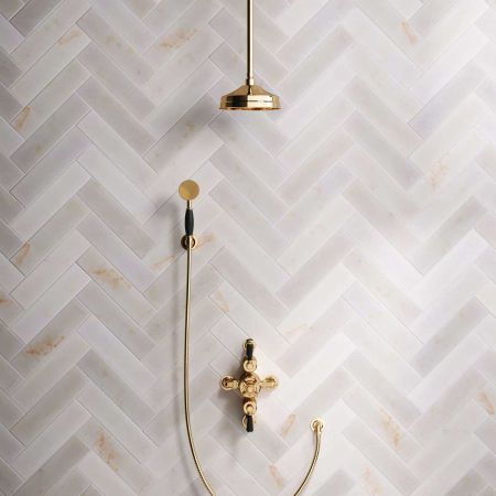 Calder Dual Outlet Shower Kit - Semi-Exposed Valve - 8 inch Rose - Black Ceramic Lever - Handshower Hook - Ceiling Mounted Rose - Polished Brass