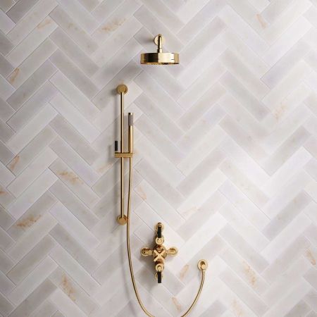 Elbe Dual Outlet Shower Kit - Semi-Exposed Valve - Black Ceramic Lever - Handshower Slider-Rail - Polished Brass