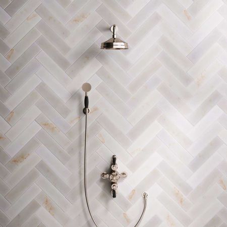 Calder Dual Outlet Shower Kit - Semi-Exposed Valve - 8 inch Rose - Black Ceramic Lever - Handshower Hook - Polished Nickel