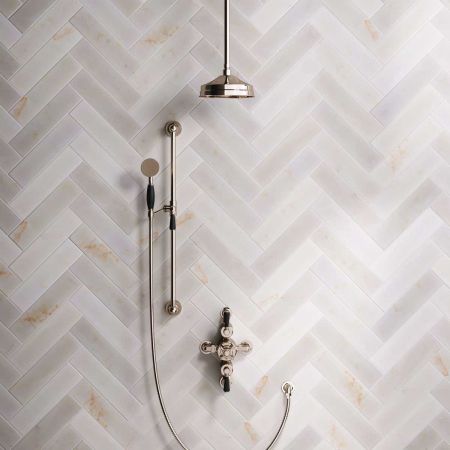 Calder Dual Outlet Shower Kit - Semi-Exposed Valve - 8 inch Rose - Black Ceramic Lever - Handshower Slider-Rail - Ceiling Mounted Rose - Polished Nickel