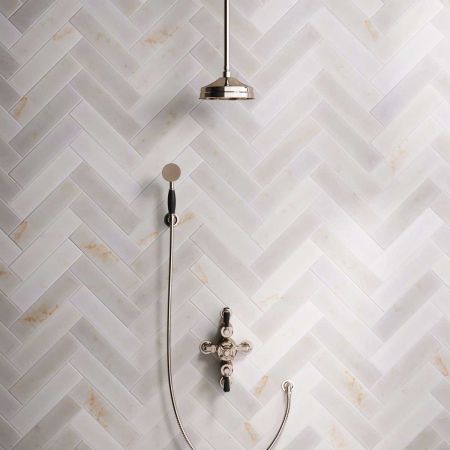 Calder Dual Outlet Shower Kit - Semi-Exposed Valve - 8 inch Rose - Black Ceramic Lever - Handshower Hook - Ceiling Mounted Rose - Polished Nickel