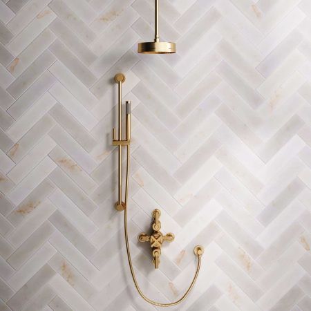 Elbe Dual Outlet Shower Kit - Semi-Exposed Valve - Brushed Brass Lever - Handshower Slider-Rail - Ceiling Mounted Rose - Brushed Brass