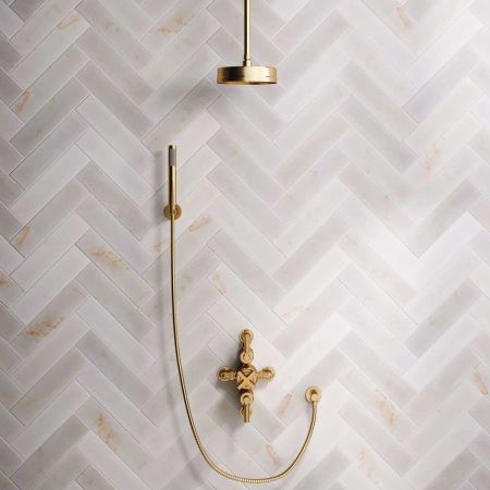 Elbe Dual Outlet Shower Kit - Semi-Exposed Valve - Brushed Brass Lever - Handshower Hook - Ceiling Mounted Rose - Brushed Brass