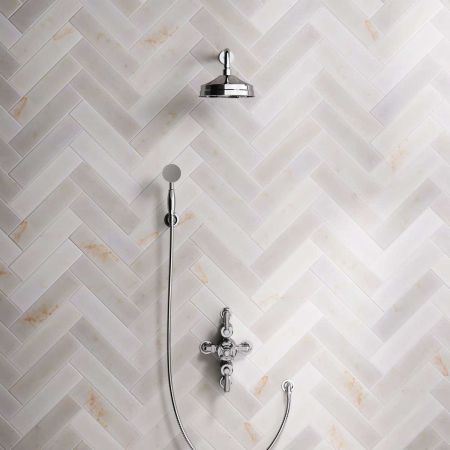 Calder Dual Outlet Shower Kit - Semi-Exposed Valve - 8 inch Rose - Metal Lever - Handshower Hook - Chrome Finish