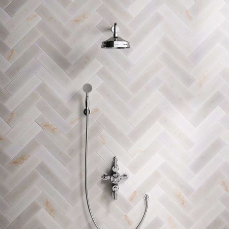 Calder Dual Outlet Shower Kit - Semi-Exposed Valve - 8 inch Rose - 500mm Shower Arm - Metal Lever - Handshower Hook - Chrome Finish