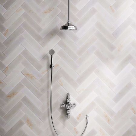 Calder Dual Outlet Shower Kit - Semi-Exposed Valve - 8 inch Rose - Metal Lever - Handshower Hook - Ceiling Mounted Rose - Chrome Finish