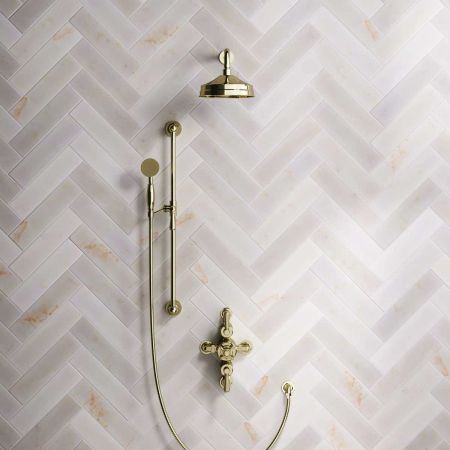 Calder Dual Outlet Shower Kit - Semi-Exposed Valve - 8 inch Rose - Metal Lever - Handshower Slider-Rail - Gold