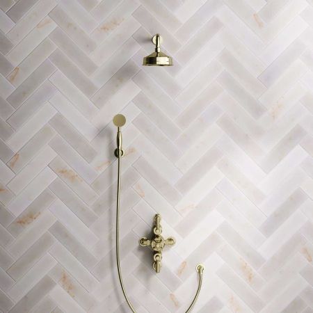 Calder Dual Outlet Shower Kit - Semi-Exposed Valve - 6 inch Rose - Metal Lever - Handshower Hook - Gold