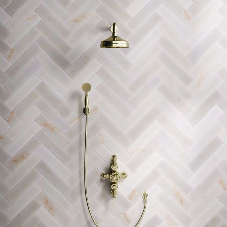 Calder Dual Outlet Shower Kit - Semi-Exposed Valve - 8 inch Rose - 500mm Shower Arm - Metal Lever - Handshower Hook - Gold