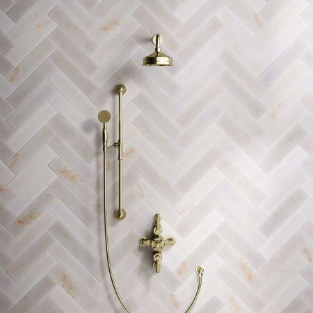 Calder Dual Outlet Shower Kit - Semi-Exposed Valve - 6 inch Rose - Metal Lever - Handshower Slider-Rail - Ceiling Mounted Rose - Gold