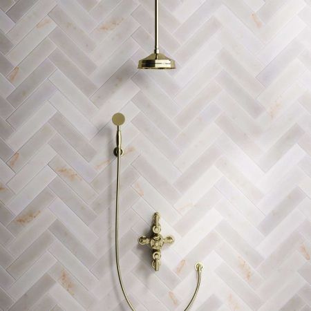 Calder Dual Outlet Shower Kit - Semi-Exposed Valve - 8 inch Rose - Metal Lever - Handshower Hook - Ceiling Mounted Rose - Gold