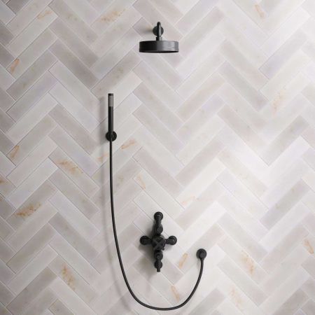 Elbe Dual Outlet Shower Kit - Semi-Exposed Valve - Matt Black Lever - Handshower Hook - Matt Black