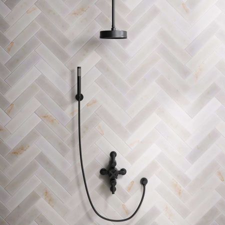 Elbe Dual Outlet Shower Kit - Semi-Exposed Valve - Matt Black Lever - Handshower Hook - Ceiling Mounted Rose - Matt Black