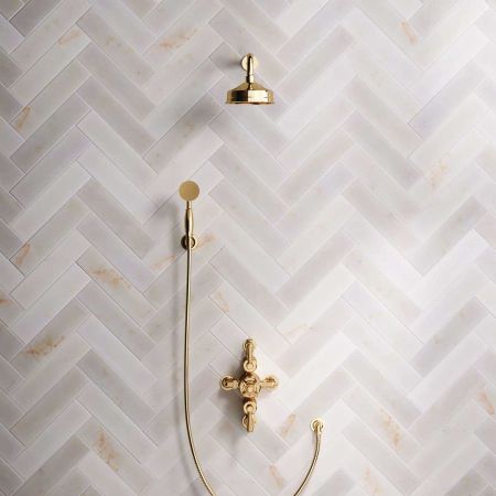 Calder Dual Outlet Shower Kit - Semi-Exposed Valve - 6 inch Rose - Metal Lever - Handshower Hook - Polished Brass