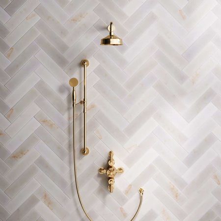 Calder Dual Outlet Shower Kit - Semi-Exposed Valve - 6 inch Rose - 500mm Shower Arm - Metal Lever - Handshower Slider-Rail - Polished Brass