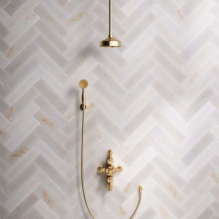 Calder Dual Outlet Shower Kit - Semi-Exposed Valve - 6 inch Rose - Metal Lever - Handshower Hook - Ceiling Mounted Rose - Polished Brass