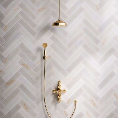 Calder Dual Outlet Shower Kit - Semi-Exposed Valve - 8 inch Rose - Metal Lever - Handshower Hook - Ceiling Mounted Rose - Polished Brass